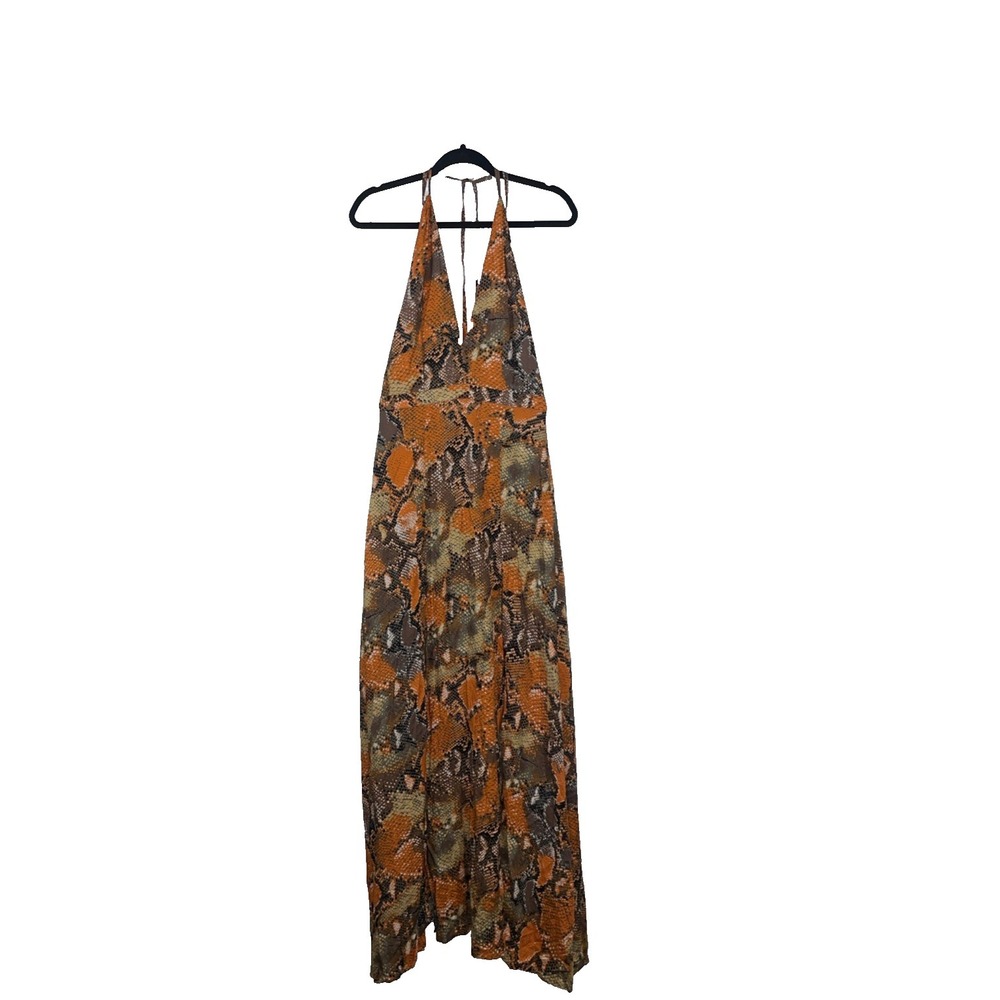 Orange Snakeprint Long Unbranded Dress with Pockets Halter Top Open Back Size S